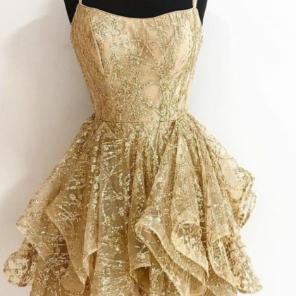 A-line Sequins Gold Short Prom Dresses Glitter..