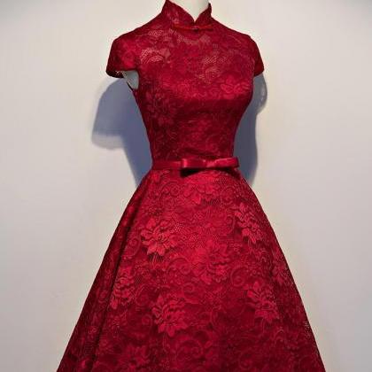 Cute Wine Red Lace Tea Length Wedding Party..
