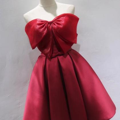 Red Satin And Organza Bow Short Cute Party Dress,..