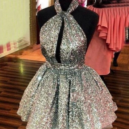 Silver Sequins Homecoming Dresses Halter Plunging..