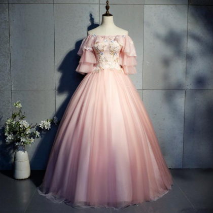 Princess Pink Lace Appliques Ball Gown Quinceanera..