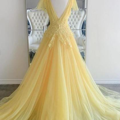 Prom Dresses,elegant V Neck And V Back Yellow Lace..