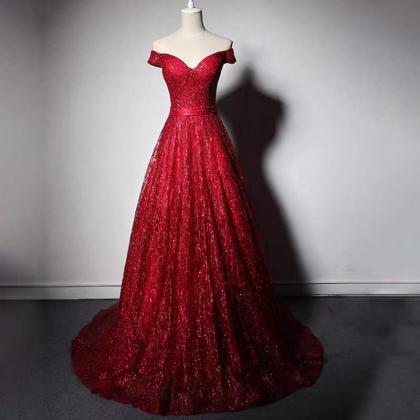 Off Shoulder Evening Dress, Sexy Sequins Dress,red..