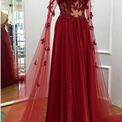 See Through Long Red Lace Prom Dres..