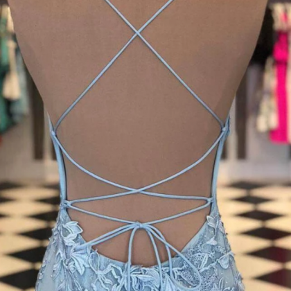 Sexy Backless Sky Blue Lace Evening..