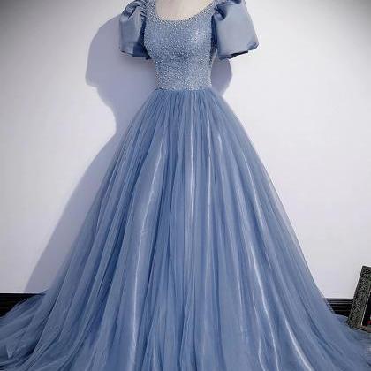 Prom Dresses, Round Neck Tulle Sequin Beads Long..