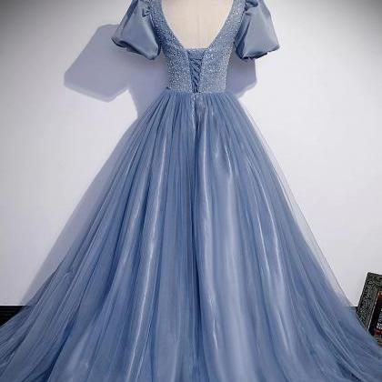 Prom Dresses, Round Neck Tulle Sequin Beads Long..