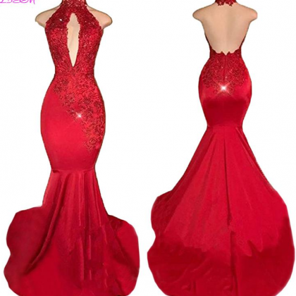 Sexy Halter Mermaid Prom Dresses Long Lace..