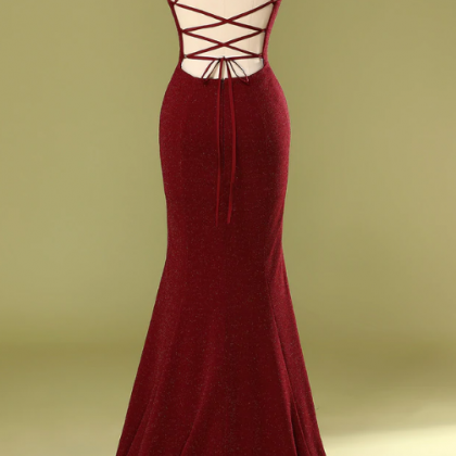 Burgundy V-neck Evening Dress