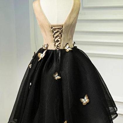 A Line Black V Neck Lace Up Homecoming Dresses,..