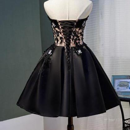 Black Satin With Lace Knee Length Prom Dress..