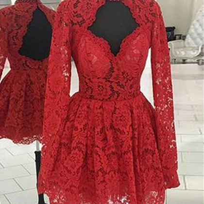 Lace Red Chic Long-sleeves Homecoming Dressess,..