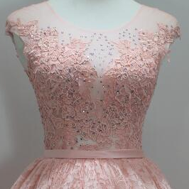 Lovely Lace Pink With Applique High Low Formal..