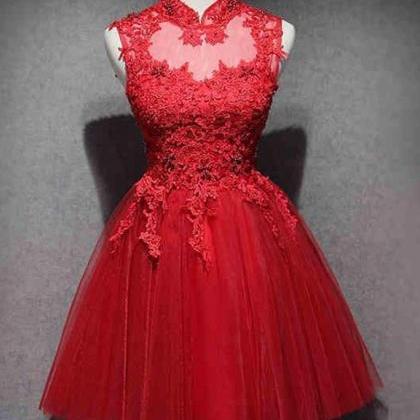 High Neck Red Lace Short Prom Dress, Red Lace..