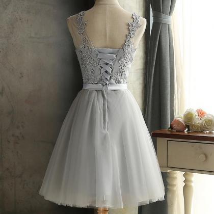 GRAY LACE SHORT A LINE PROM DRESS, ..