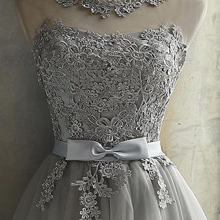 GRAY LACE SHORT A LINE PROM DRESS, ..