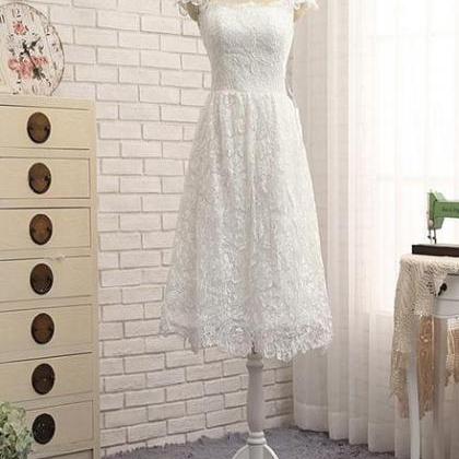 Beautiful White Lace Cap Sleeves Tea Length Party..