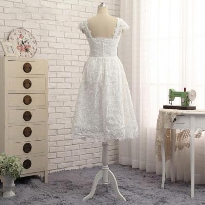 Beautiful White Lace Cap Sleeves Tea Length Party..