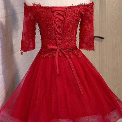 Chic Short Sleeves Tulle Party Dress , Red..