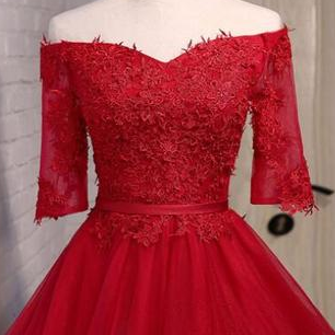 Chic Short Sleeves Tulle Party Dress , Red..