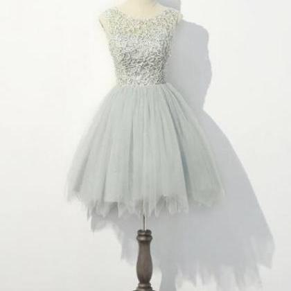 Cute Grey With Lace Round Neckline Party Dress,..