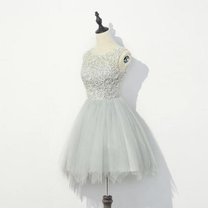 Cute Grey With Lace Round Neckline Party Dress,..
