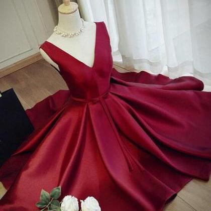 Red V-neckline Knee Length Satin Short Prom Dress,..