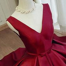 Red V-neckline Knee Length Satin Short Prom Dress,..