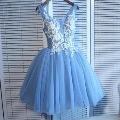 Blue Tulle Lace Applique With Beadings Homecoming..