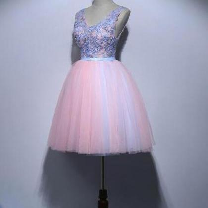 Tulle Cute Pink And Blue V-neckline Party Dresses,..
