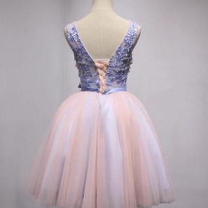 Tulle Cute Pink And Blue V-neckline Party Dresses,..