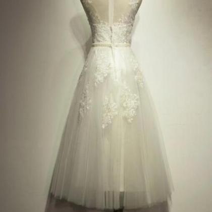 Vintage White Tea Length Formal Dress, Tulle Party..