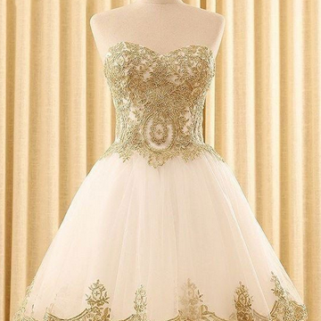 White Tulle Homecoming Dress,gold Appliques Short..