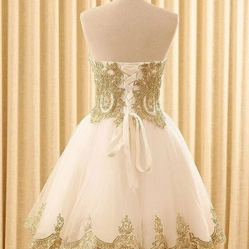 White Tulle Homecoming Dress,gold Appliques Short..