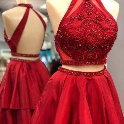 Two Piece Short Red Homecoming Dress With Backless