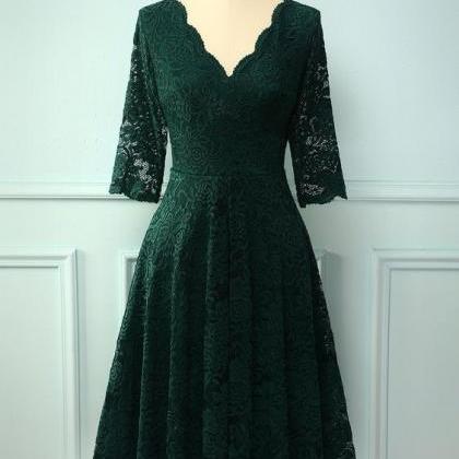 3/4 Sleeves Formal Dress With Lace ， Green V..