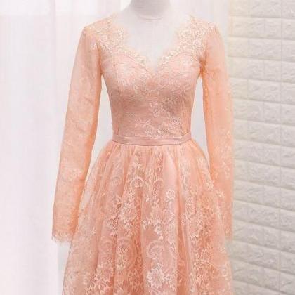 A Line V Neck Long Sleeves Lace Homecoming Dresses..
