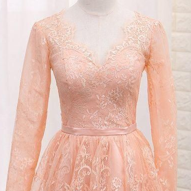A Line V Neck Long Sleeves Lace Homecoming Dresses..