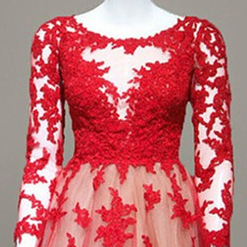 Red Lace O-neck Homecoming Dresses ,long Sleeve..
