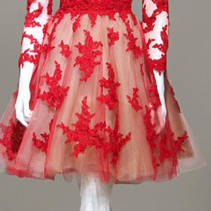 Red Lace O-neck Homecoming Dresses ,long Sleeve..