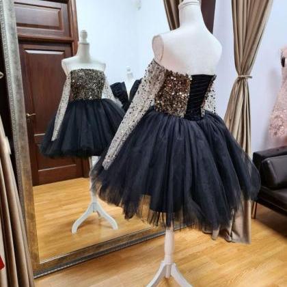 Black Tulle Sequin Short Prom Dress, Black..