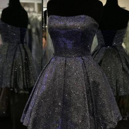 Shiny Strapless Open Back Short Black Prom Dress,..