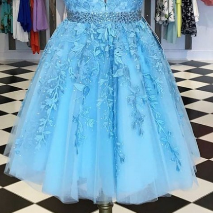 Blue V Neck Tulle Lace Applique Short Prom Dress,..