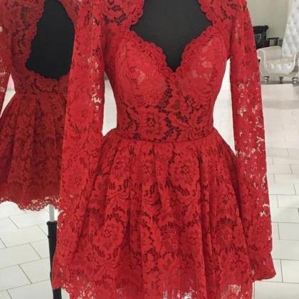 Red Lace Short Prom Dress, Red Lace Homecoming..