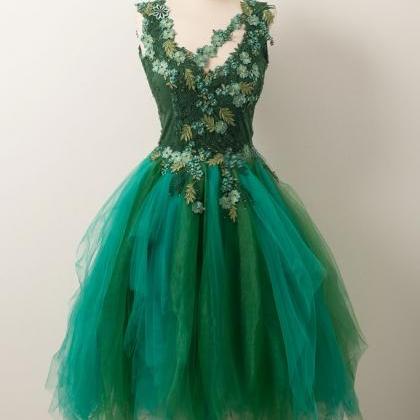 Unique V Neck Green Tulle Lace Short Prom Dress,..