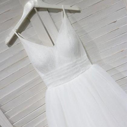 White V Neck Tulle Lace Tea Length Prom Dress,..