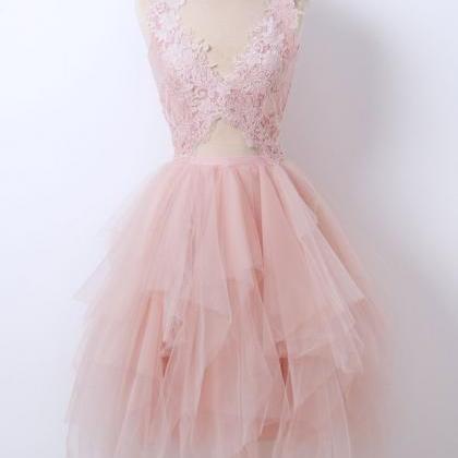 Pink V Neck Tulle Lace Short Prom Dress, Pink..