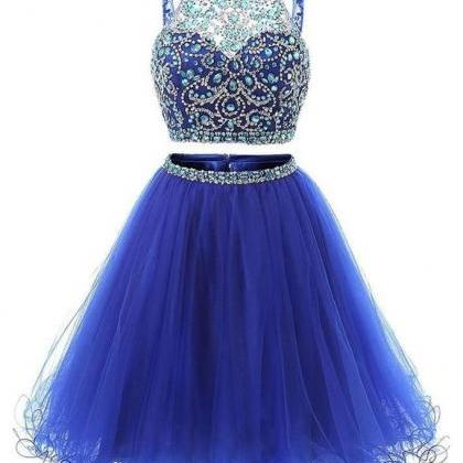 Blue Two Pieces Tulle Beads Short Prom Dress, Blue..