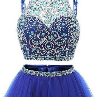 Blue Two Pieces Tulle Beads Short Prom Dress, Blue..