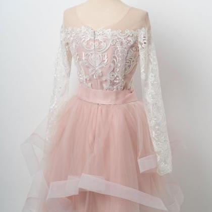 Pink Round Neck Tulle Lace Short Prom Dress, Pink..